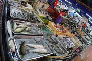 Viele der Fische in der Markthalle auf dem Markt in Suzhou China sind leider noch lebendig