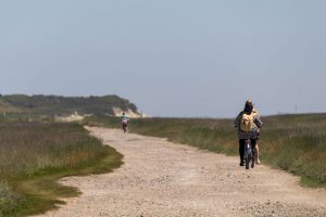 Der Fahrradweg auf Wangerooge führt entlang der Dünen bis zum Ende der Insel